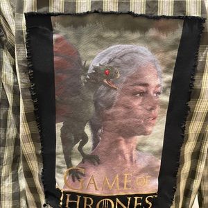 Woman’s Upcycled button up shirt with a GOT t shirt patch on the back. Men’s L